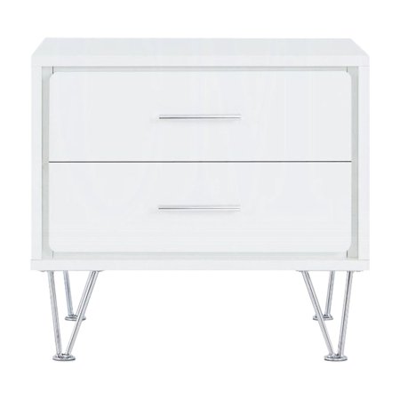 2 - Drawer White Rectangular Nightstand with Chrome Metal Legs / A Practical Bedroom Storage Piece