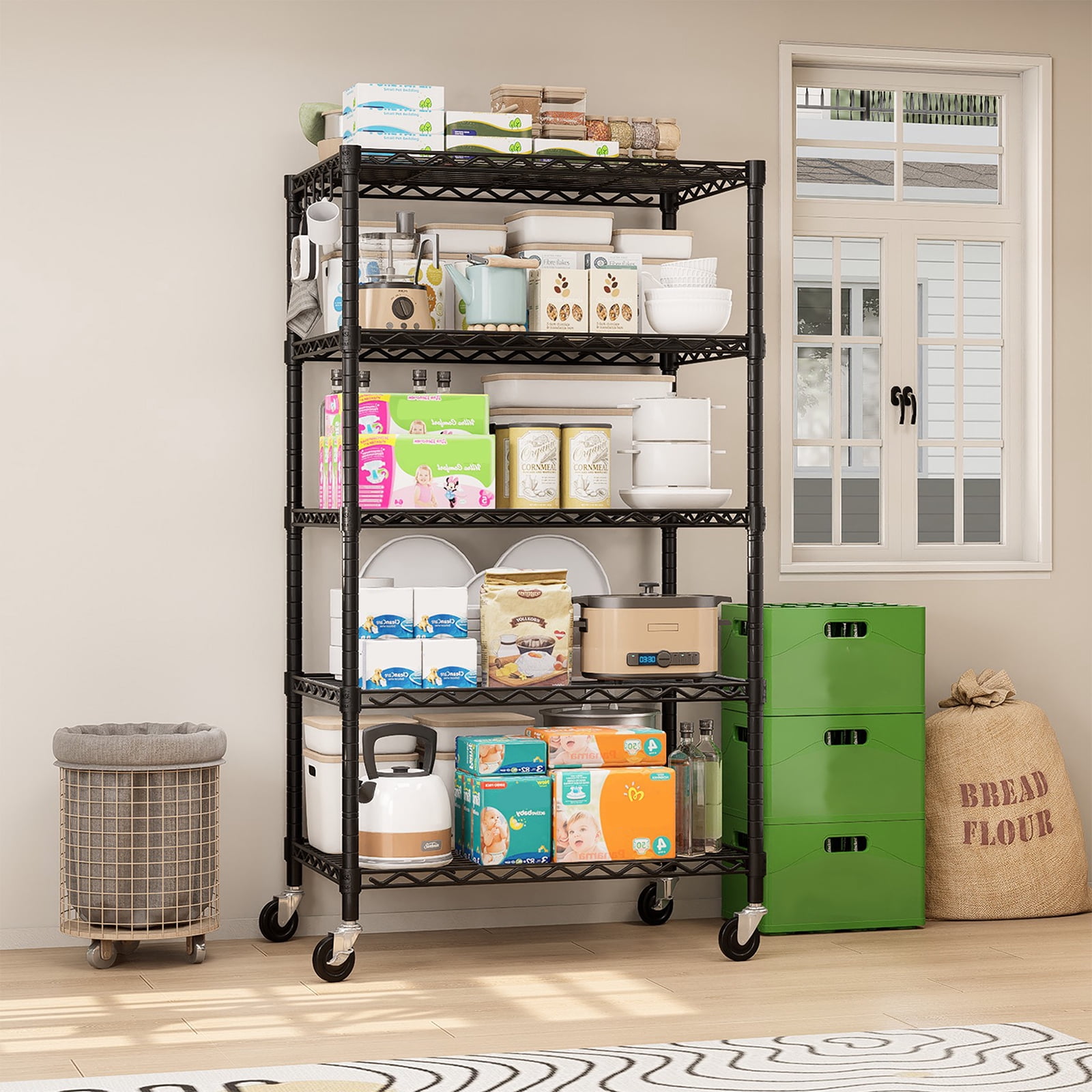 Prilinex 5-Tier Wire Shelving with Wheels 24"W x 18"D x 72"H Adjustable Heavy Duty Steel Wire Rack, Metal Storage Shelves for Kitchen Pantry, Rolling Garage Shelving Unit, Black