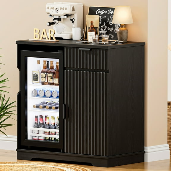 BROTTAR Mini Fridge Cabinet (Included), Fluted Coffee Bar Cabinet with Refrigerator, Pull Out Drawer & Storage Cabinets, 31.5" Modern Liquor Wine Bar Cabinet for Home, Kitchen, Dining Room, Black