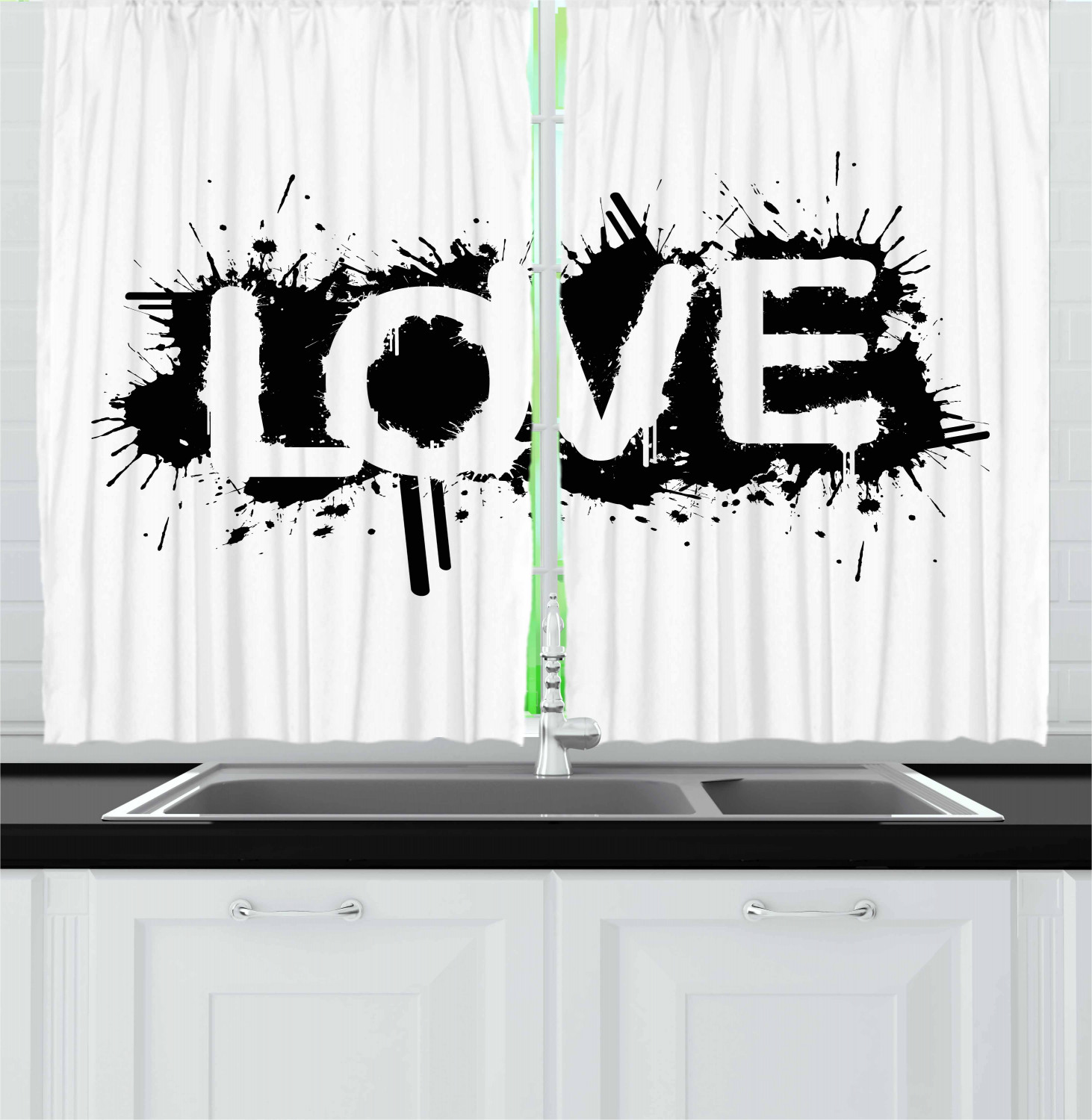 Urban Graffiti Curtains 2 Panels Set, Ink Splattered Backdrop Love Message Stained Stencil