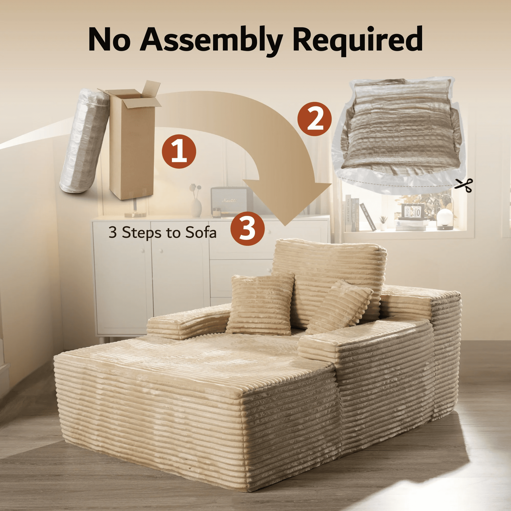 Vcatnet 67"x48" Chaise Lounge Chair Indoor Oversized Lounge Couch Upholstered Corduroy Sofa Bed for Living Room and Bedroom, Beige