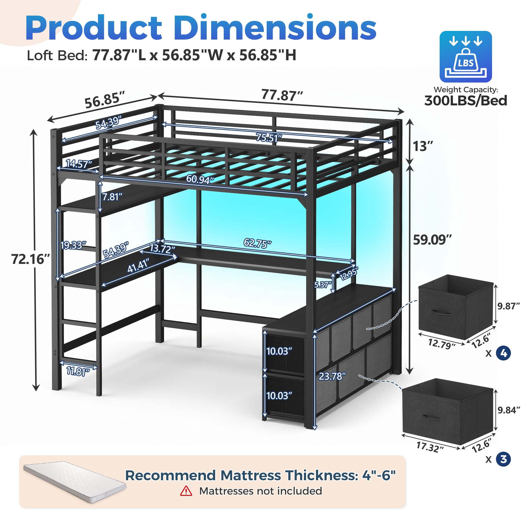 Miniyam Full Size Metal Loft Bed with Desk, 7 Drawers, LED & Charging Station, Black