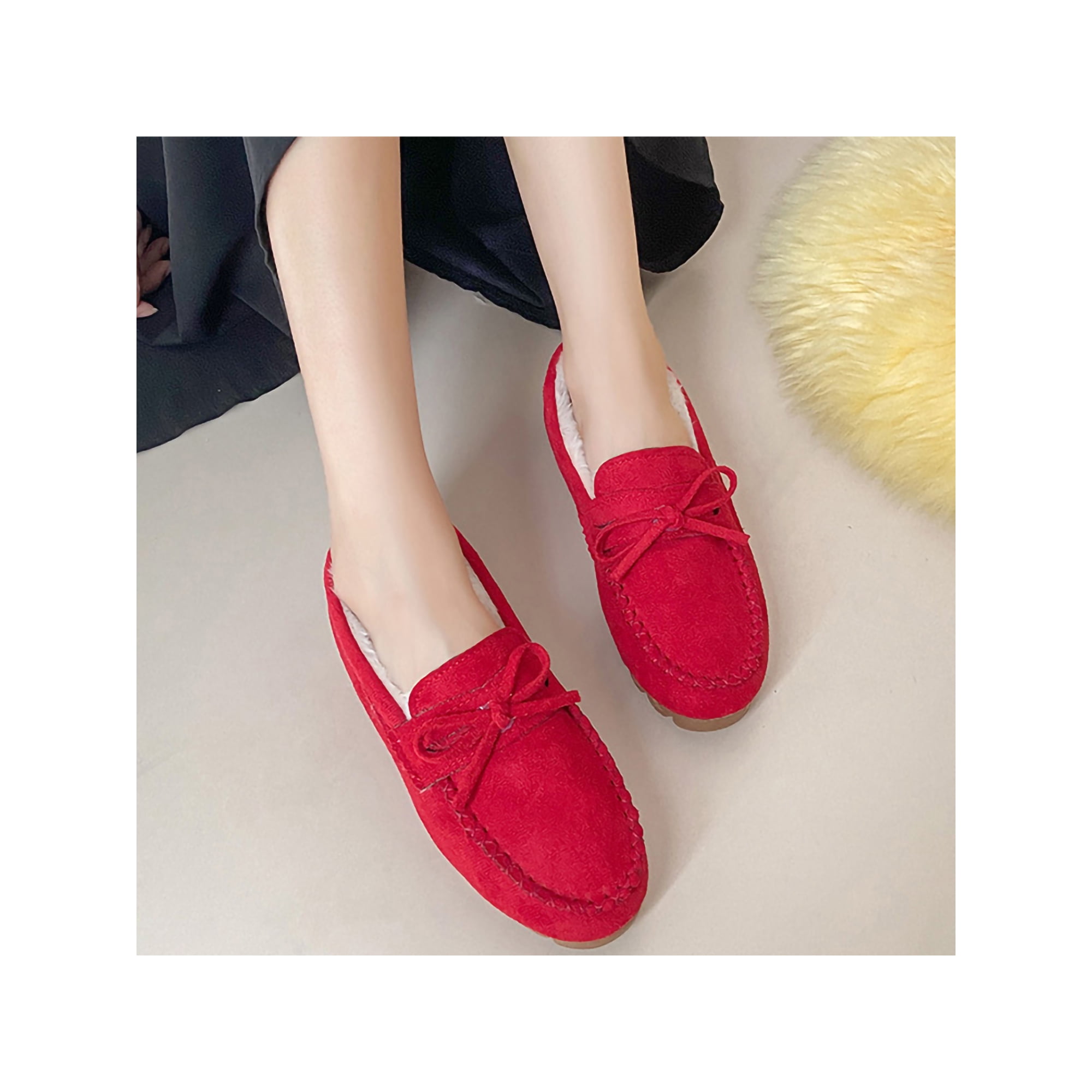 Woobling Women Casual Shoes Anti Slip Flats Comfort Loafers Breathable Warm Shoe Daily Faux Suede Slip On Loafer Red With Lined 9 Walmart
