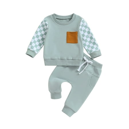 

Qtinghua Infant Toddler Baby Boy Autumn Clothes Checkerboard Print Long Sleeve Sweatshirt Elastic Waist Pants 2Pcs Outfits Green 2-3 Years