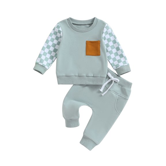 GXFC Toddler Boys Fall Tracksuit Outfits Clothes 6M 1T 2T 3T Kids Boys Long Sleeve Plaid Pattern Sweatshirt and Elastic Waistband Sweatpants 2 Piece Casual Autumn Clothing for Children Boys