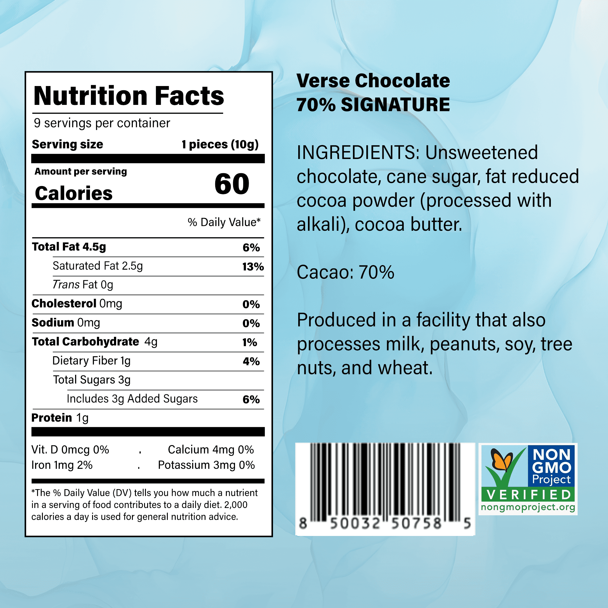Verse Signature 70% Dark Chocolate Squares - Keto-Friendly, Low Sugar Snack - Creamy, Smooth Dark Cocoa - Only 3g Cane Sugar - Individually Wrapped Premium Cacao Chocolate Squares (9 Count, 4 Pack)