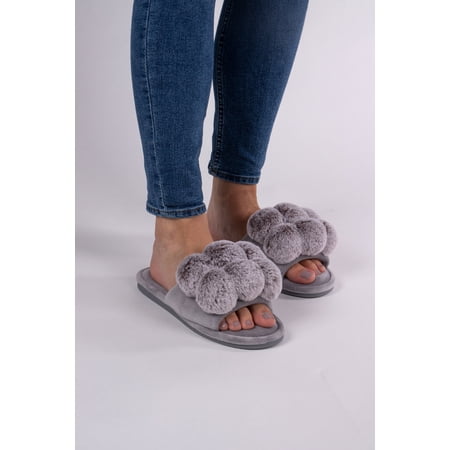 Pretty You London Women s Dolly Pom Pom Slider Slipper in Gray