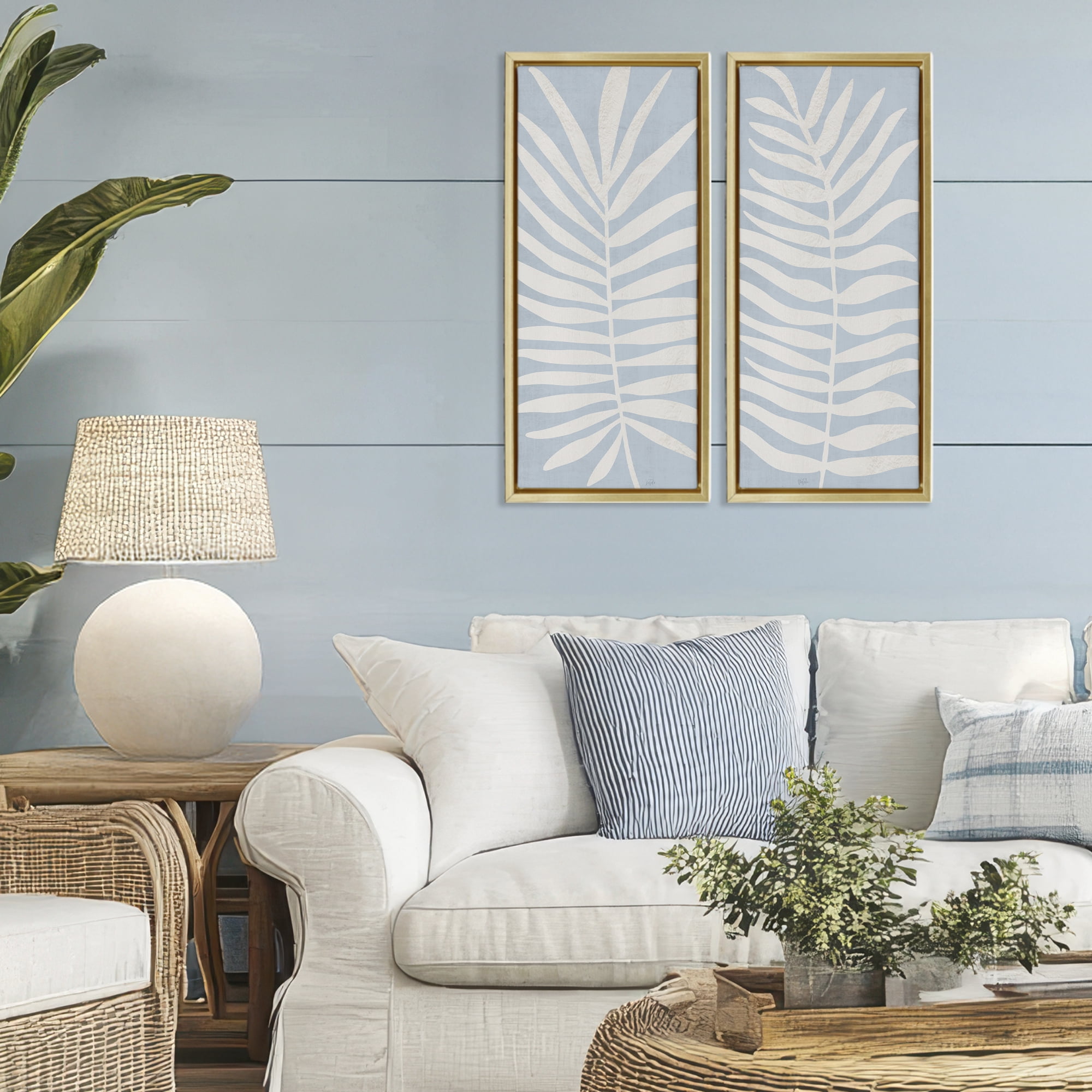 Stupell Industries Soft Palm Leaf Pair 2 Piece Gold Framed Floater Canvas Set, design by Natalie Carpentieri