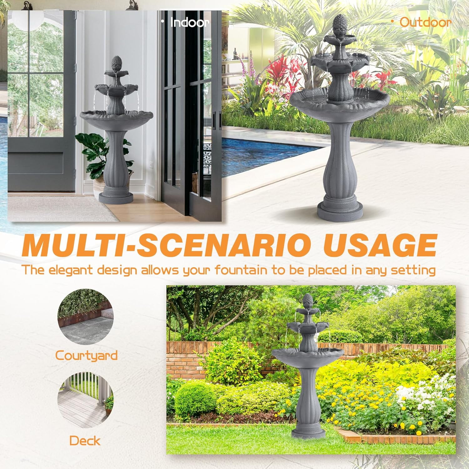 Haverchair 47.3" High Italian Feature Faux Stone Freestanding Water Fountain Outdoor and Indoor, 3-Tier Roman Pillar Waterfalls Fountains for Garden,Patio,Yard,Deck,Backyard,Porch