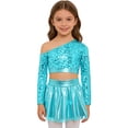 thumbnail image 5 of iiniim Girls Sparkly Latin Hip Hop Jazz Dance Outfit Long Sleeve Sequin Crop Top with Metallic Tutu Skirt Light Blue 12, 5 of 7