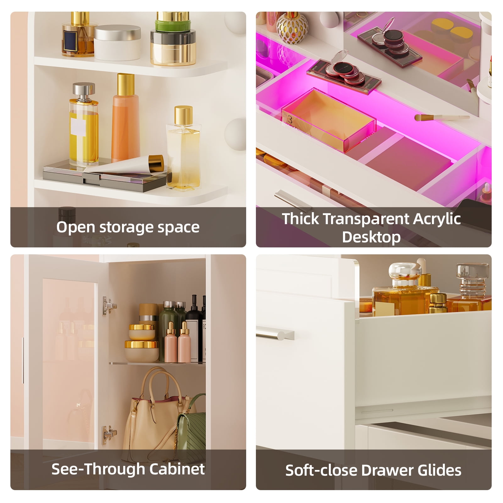 TOMNK Vanity Desk with Mirror and Lights, Transparent Top, 3 RGB Drawers, Shelves & Cabinets, White