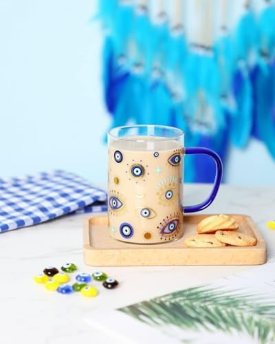 Evil Eye Glass Coffee Cup with Handle 16oz Glass Can for Hot/Cold Beverages Cappuccino Latte Espresso Beer Hamsa Blue Evil Eye for Protection Tumbler Mug Heat-Resistant and Freezer Safe