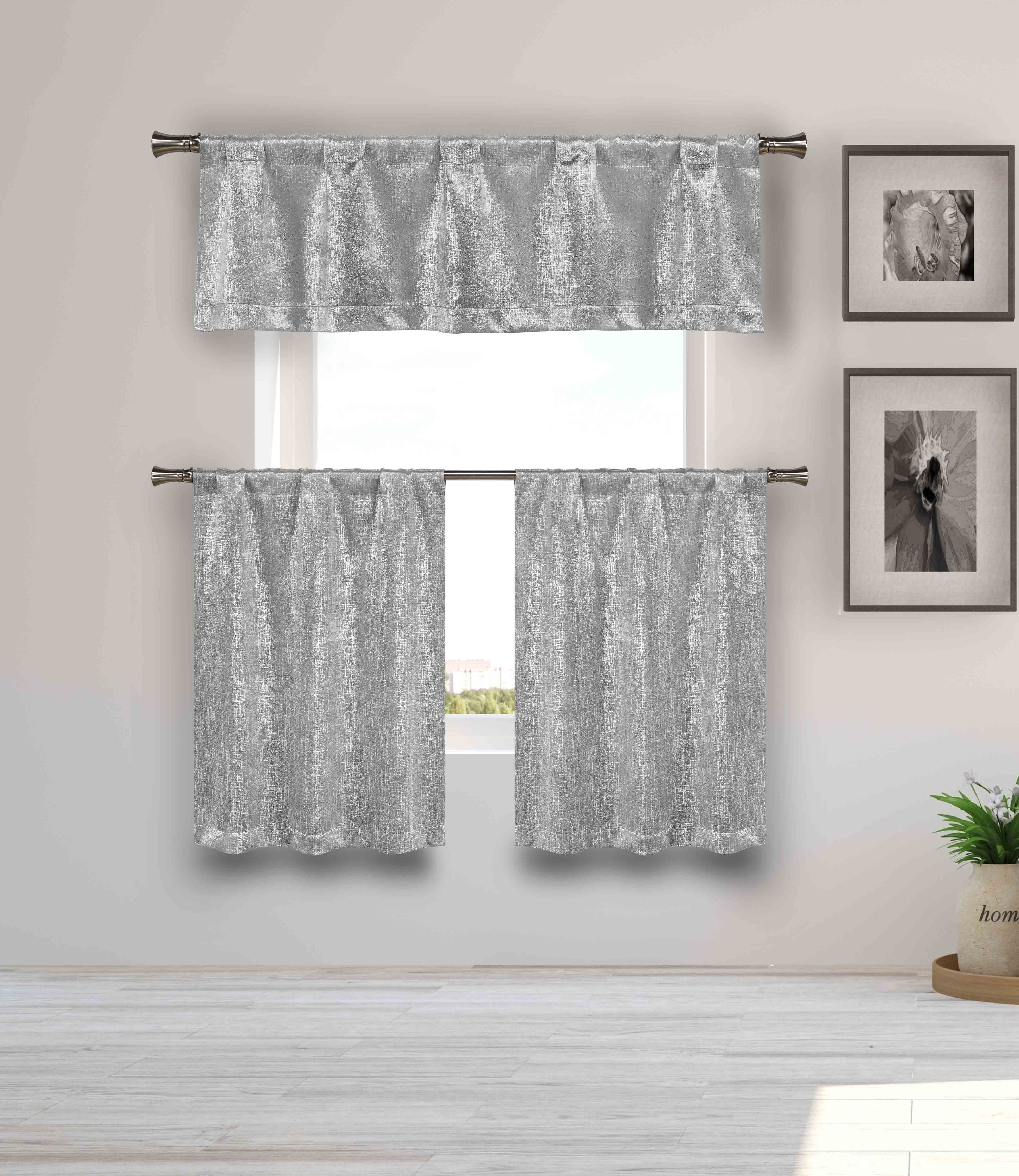 Blackout Energy Saving Gray 3 Piece Window Curtain Set with Silver