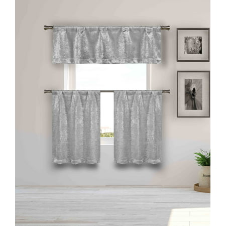 Blackout Energy Saving Gray 3 Piece Window Curtain Set with Silver Metallic Design, One Valance, Two Tiers 36 IN Long Kitchen, Bathroom, Small Window, Motor Home, Boat