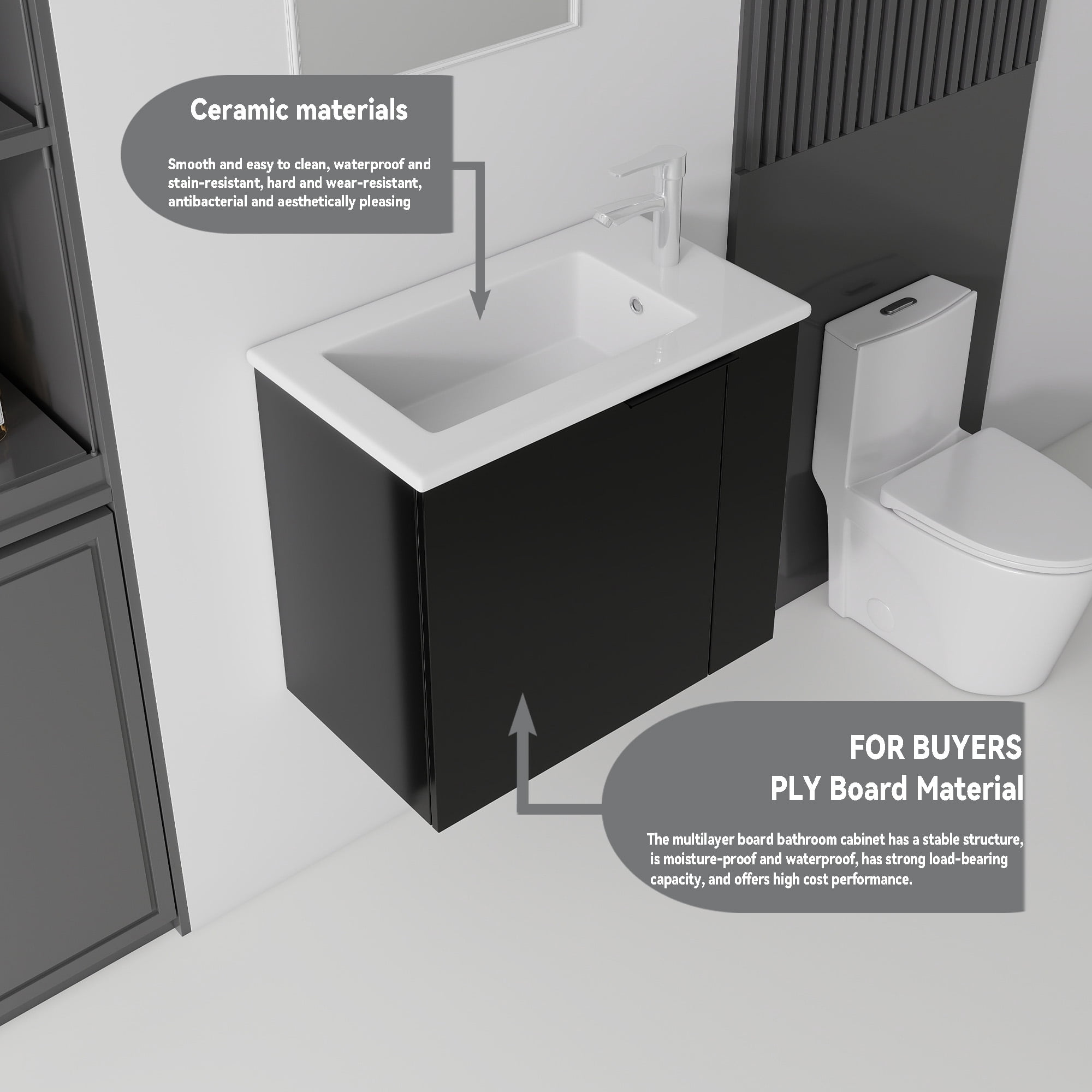 Leumius 22" Floating Bathroom Vanity with Ceramic Sink & Soft-Close Doors,Wall-Mounted Vanity for Small Space,Bathroom,Black