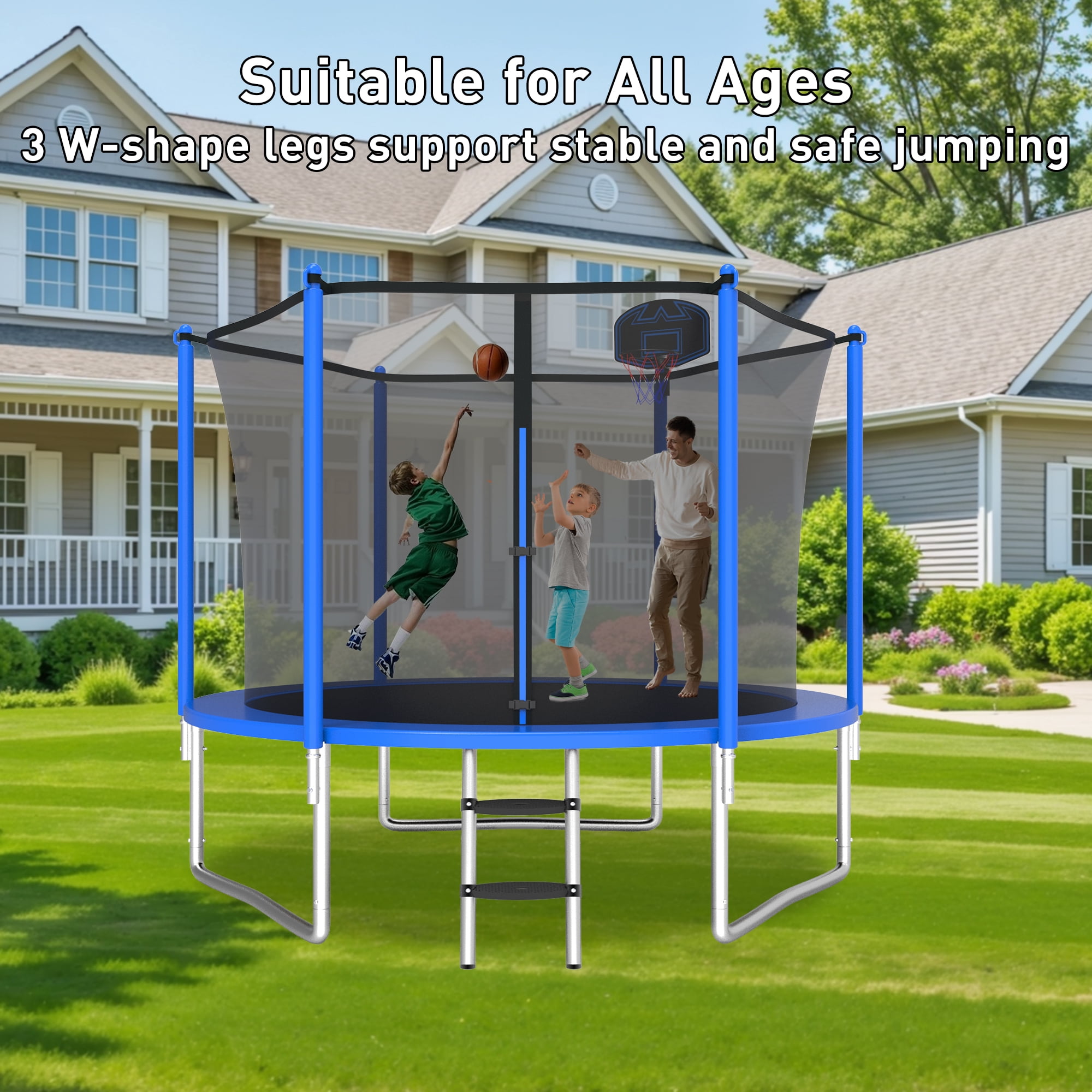 XMIKA Trampolines for Kids, 10FT 14FT 16FT Outdoor Trampolines with Safety Enclosure Net, Basketball Hoop, Ladder, 1000LBS Round Heavy Duty Recreational Backyard Trampoline for Adults, Anti-Rust