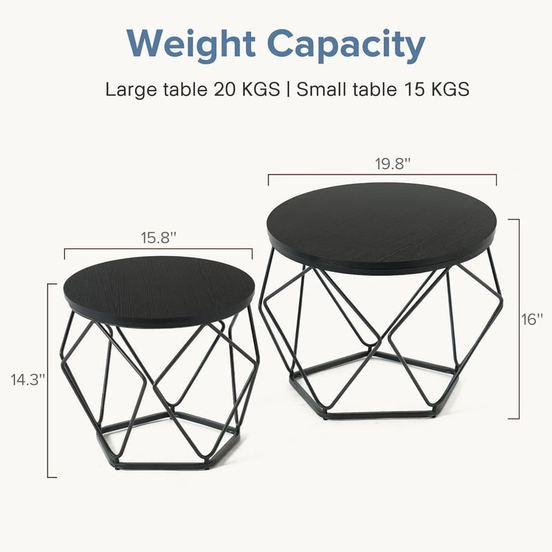 Simenmax 2-Piece Round Nesting Coffee Table Set with Hidden Storage, Modern Geometric Side Tables and Movable End Tables for Living Room, Black