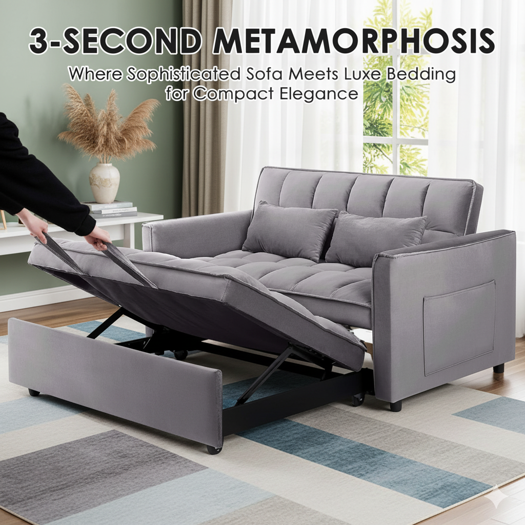 3 in 1 Sleeper Sofa Bed, 55" Convertible Pull Out Couch with Adjustable Backrest, Velvet Loveseat Sofa with Side Pockets for Living Room, Bedroom, Apartment, and Small Space (Dark Gray)