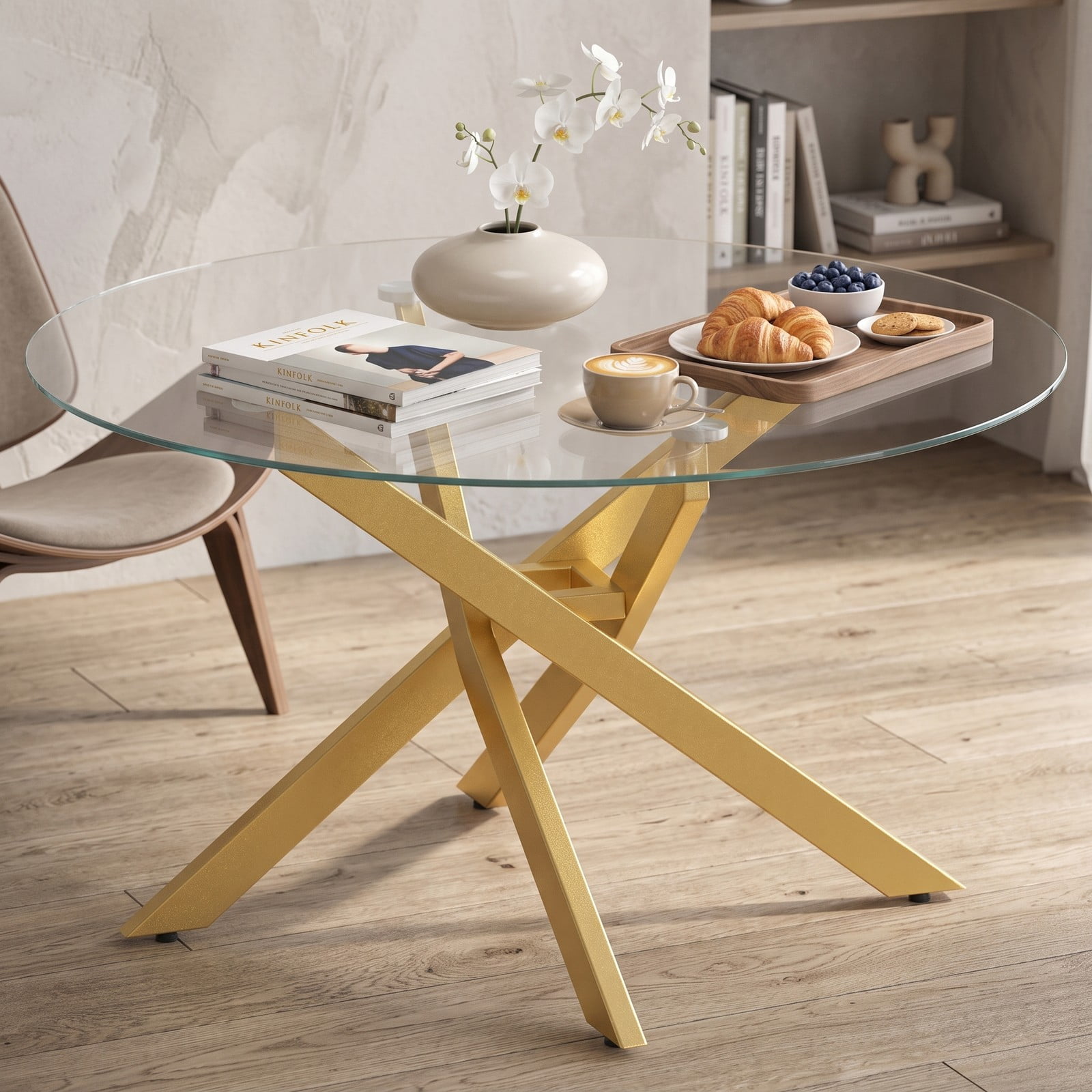 Furnibear Round Glass Coffee Table, Tempered Glass Top Center Table with Geometric Gold Metal Frame for Living Room, Adjustable Foot Pads, Modern Clear & Gold
