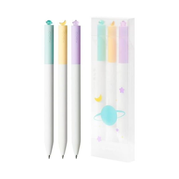 Kaco FIRST Gel Pens Cute Stationery Black Ink 3 Pieces, 0.5 mm Fine Point, Aesthetic Cute Star Pens for Journaling (Planet Series)