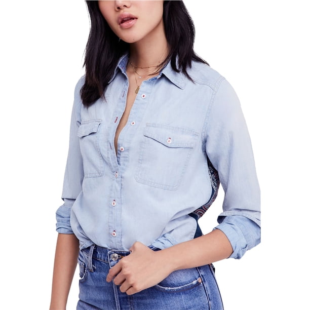 Free People - Camiseta con botones para mujer, diseño de bandana, color azul, pequeña