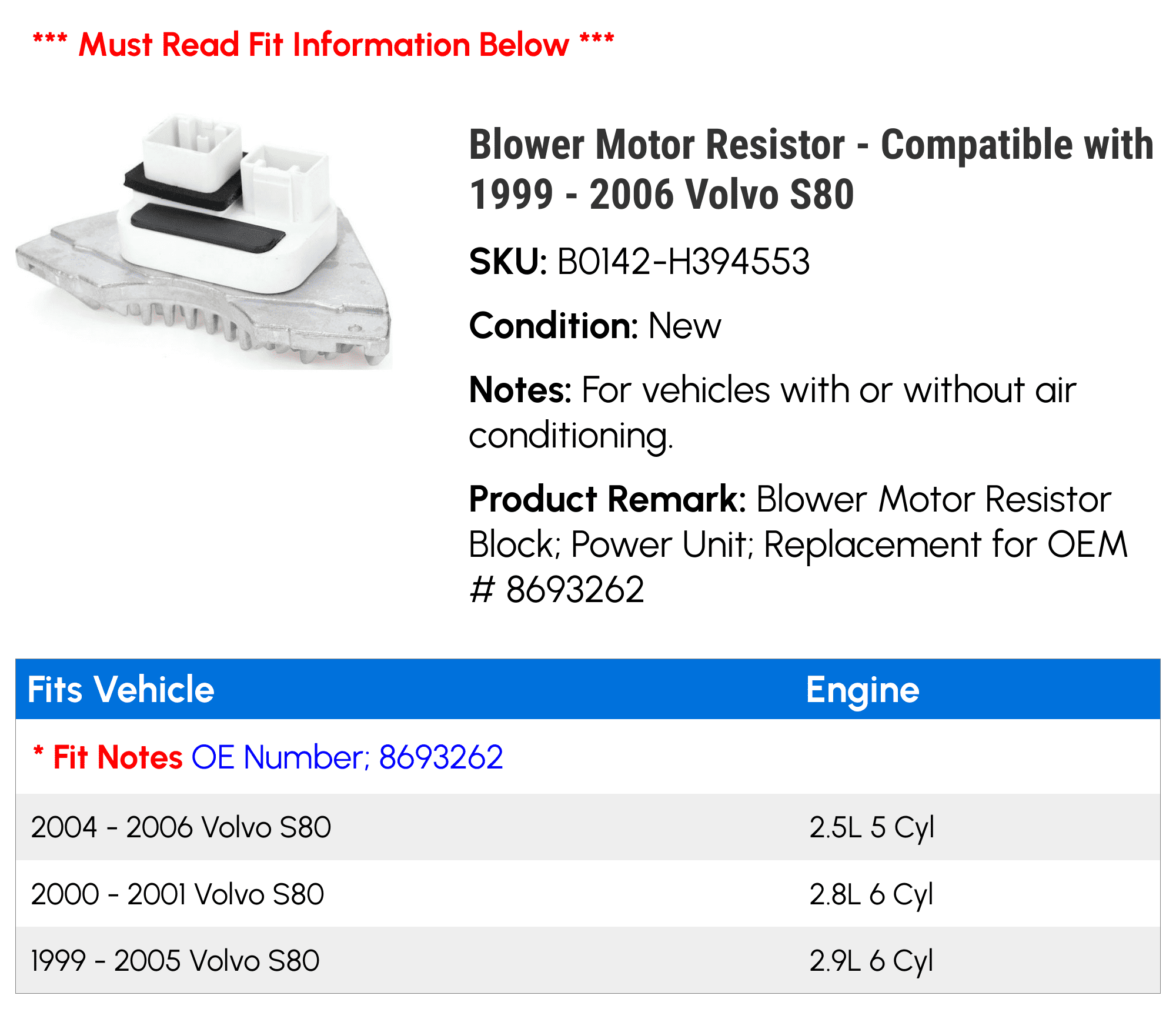 Blower Motor Resistor - Compatible with 1999 - 2006 Volvo S80 2000 2001 2002 2003 2004 2005