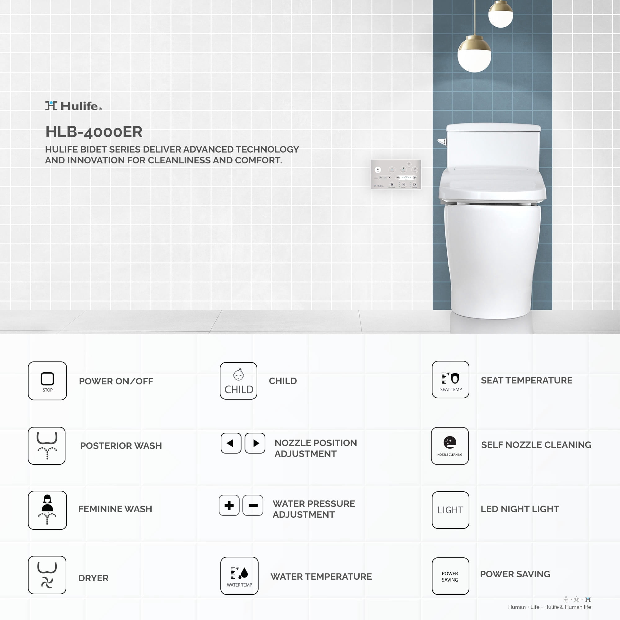 Hulife HLB-4000ER Electric Bidet Seat, White Elongated Attachment, Remote Control, LED Nightlight, Warm Water, Heated Seat, Dryer