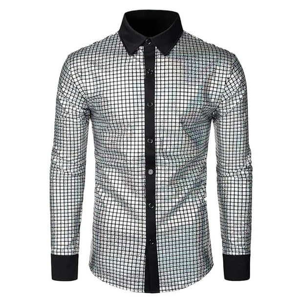 pstuiky camisa de manga larga para hombre, Camisa blusa informal de manga larga con cuello vuelto y botones de patchwork para hombre camisetas de hombre xxl