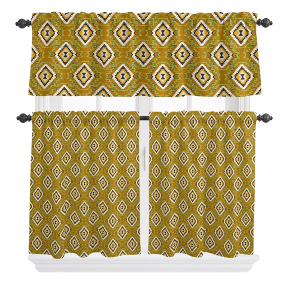 3 Pieces Kitchen Curtains and Valances Set Tier Curtains Yellow Diamonds Short Curtain Rod Pocket Window Curtain Panels Geometric Bohemian Lines (Single Panel 54"x18",2 Tiers 24"x36")