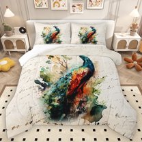 Homewish Animal Peacock Bedding Comforter Set 2pcs for Teens,Retro Vintage Aesthetic Twin Comforter Sets Microfiber,Abstract Watercolor Art Breathable Bedding Set,Microfiber Bedroom Decor