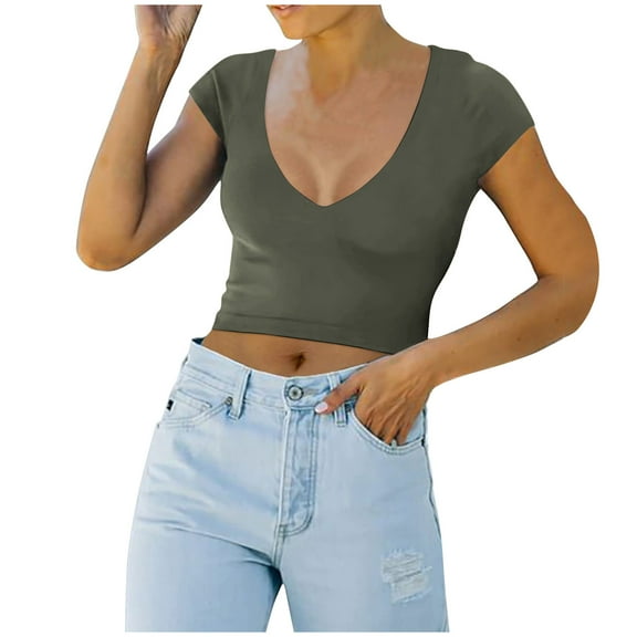Mittory Women's Trendy Sexy V Neck Short Sleeve Double Lined Slimming T Shirts Crop Tops Tees