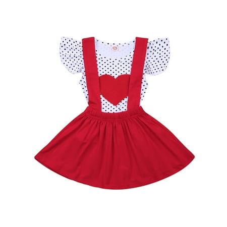 

Nokpsedcb Kids Baby Girls Valentine s Day Polka Dot T-shirt Suspender Skirt