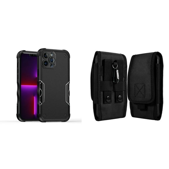 Case with Belt Holster Bundle for iPhone 14 Pro Max: Slim EX Hybrid Series Shockproof Case (Black) and Vertical Rugged Nylon Phone Pouch