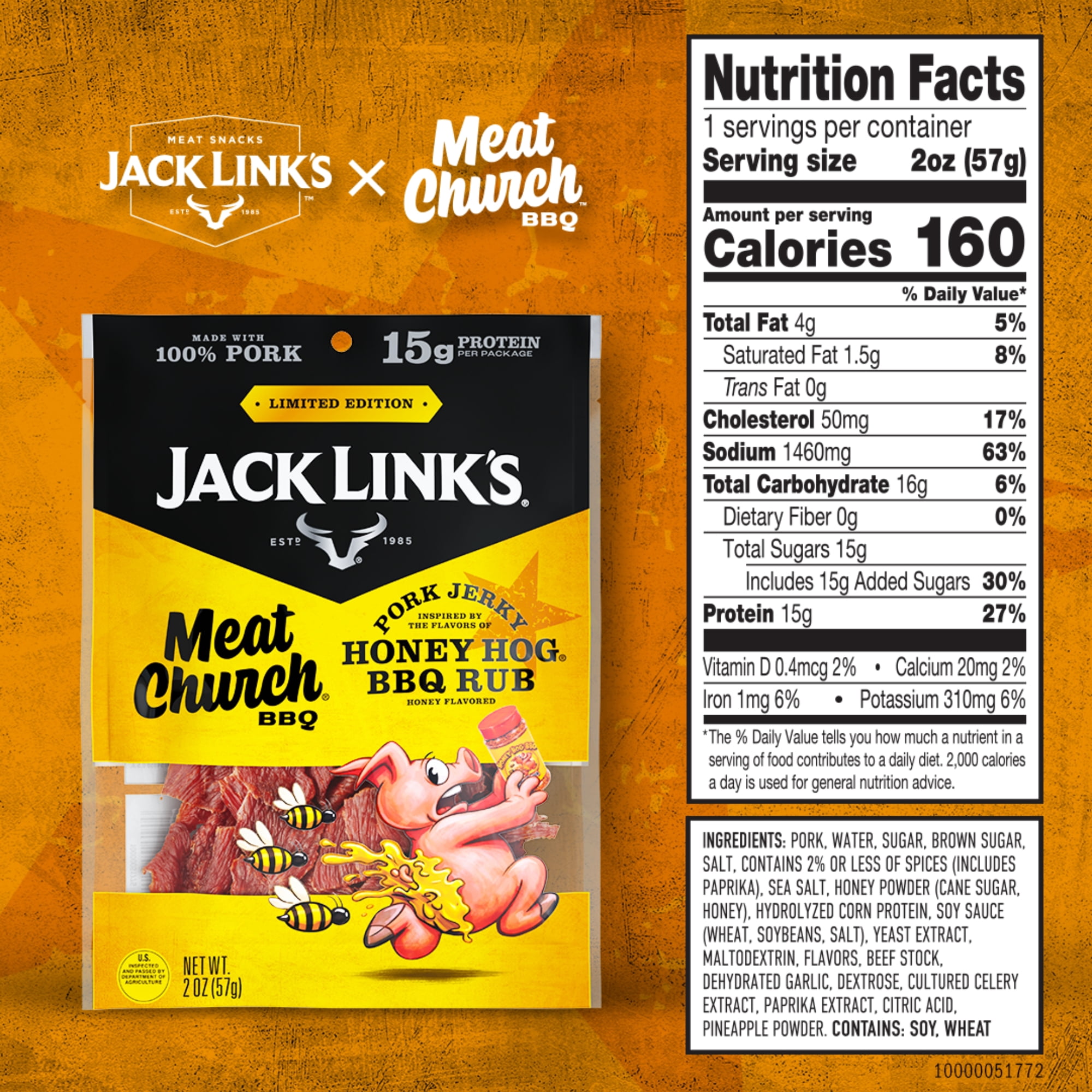 Jack Link's & Meat Church Honey Hog BBQ Pork Jerky, 2 Ounce