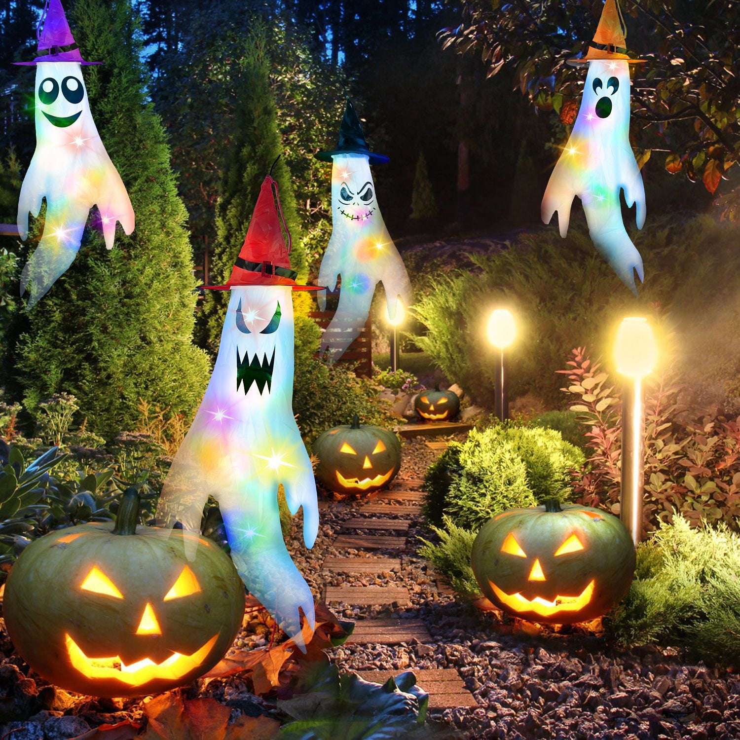 4Pcs Hanging Ghost Windsocks with Witch Hats LED String Lights Halloween Outdoor Decor