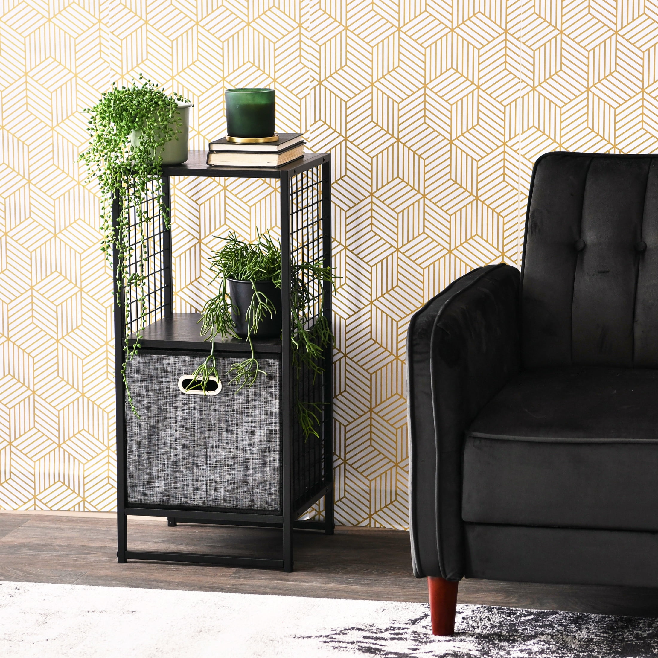 Household Essentials Trellis Open Storage Bookshelf with 2 Cube Compartments Black Oak Wood Grain and Black Metal