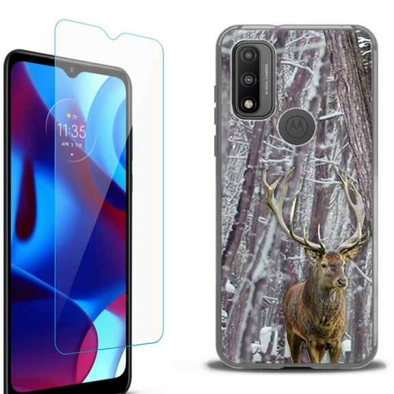 Slim-Fit Protective Phone Case (Black) compatible with Motorola Moto G Pure 5G, with Tempered Glass Screen Protector, by OneToughShield ® - Deer/Snow/Camo