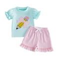 thumbnail image 4 of Bobifish Toddler Girls Outfit Sets Cartoon Embroidered Short Sleeve Ruffle Trim Top With Ribbed Shorts Children Girls Sets, 4 of 4