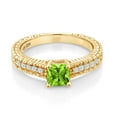 thumbnail image 2 of Gem Stone King 0.88 Ct Princess Cut Green Peridot White Created Sapphire 18K Yellow Gold Plated Silver Ring (Size 8), 2 of 5