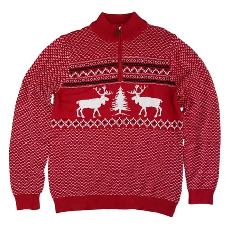Zim Christmas Sweater Mens Big & Tall Red Moose Fair Isle Christmas Holiday Zip Neck Sweater ()