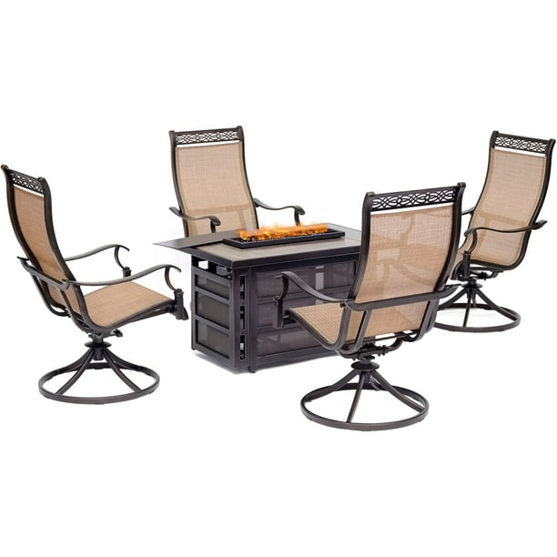 Hanover Monaco 5-Piece Fire Pit Chat Set with 4 Sling Swivel Rockers and a 30,000 BTU Gas Fire 
