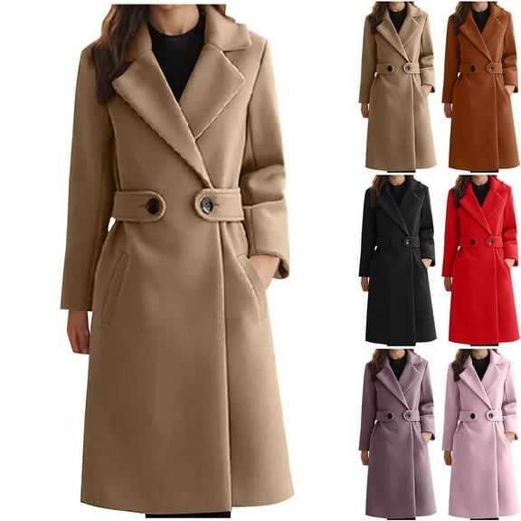 jtjvou Women's Long Wool Blend Coat Double Breasted Loose Fit Warm Winter Pocket Design Slim Elegant Lady Casual Outerwear Black L