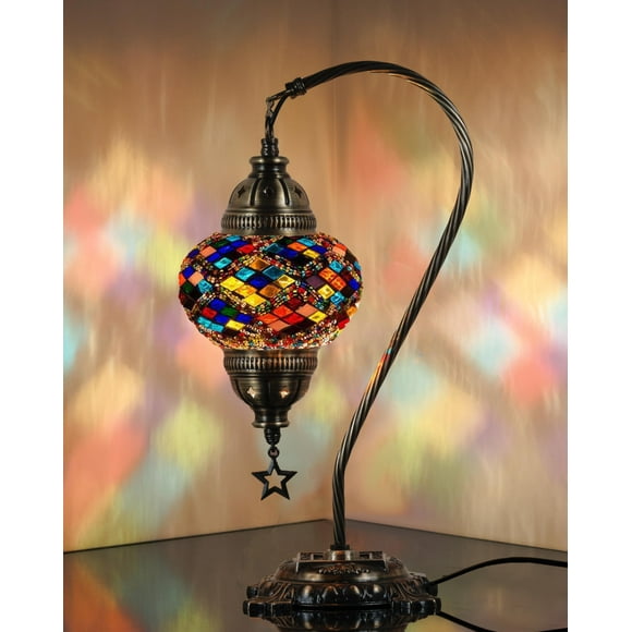 DEMMEX Authentic Turkish Lamp, Made in Turkey, Turkish Moroccan Mosaic Table Bedside Lamp, 100% Handcrafted, Antique Brass Color Metal Body and Decorated Metal Base, 15" (Multicolored)