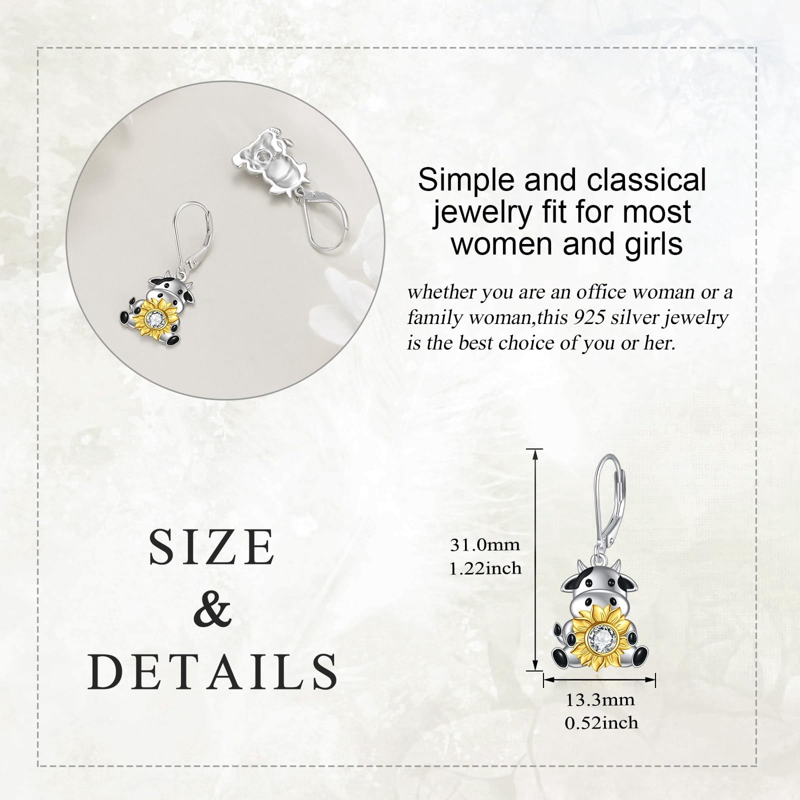 Cow Earrings Sterling Silver Sunflowers Lever Back Earrings Animal Jewelry for Woman Gifts (cow earring)