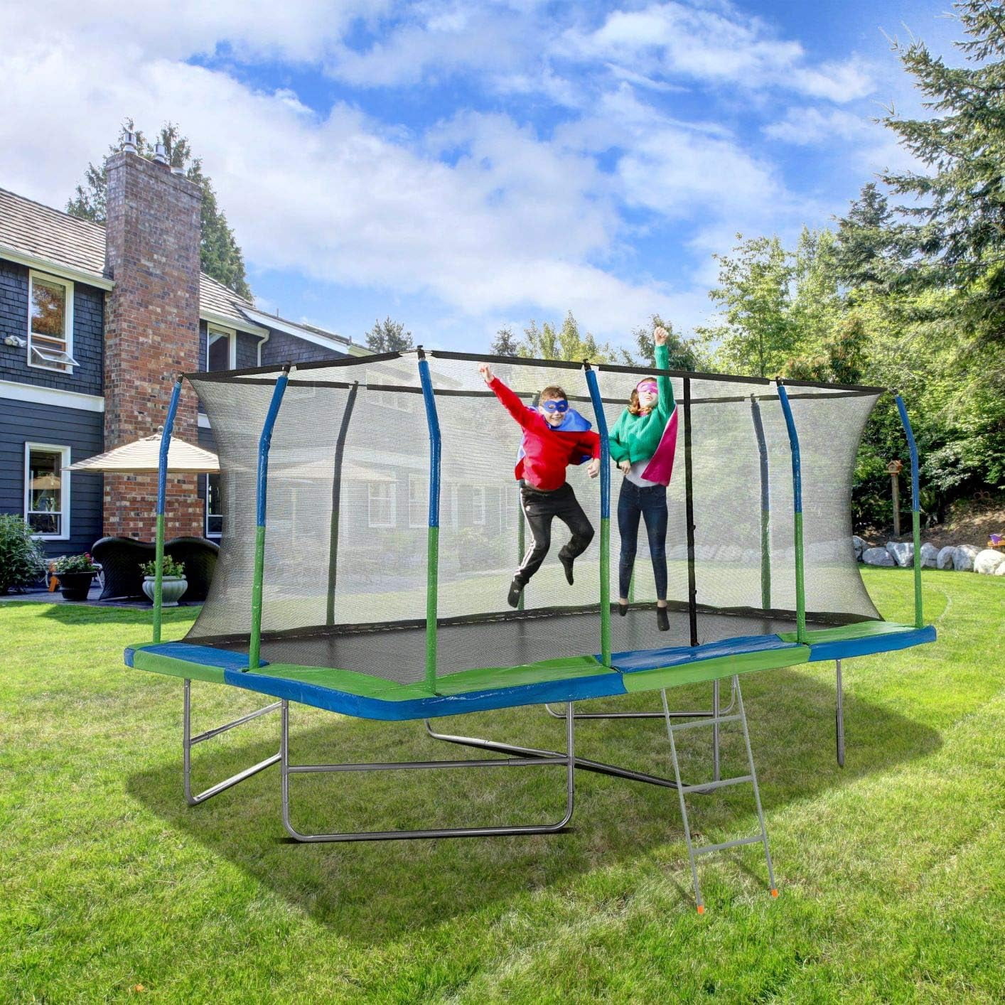 Plexalife - Mega 10' X 17' Gymnastics Style, Rectangular Trampoline Set with Premium Top-Ring Enclosure System with Bonus 3-Step Ladder