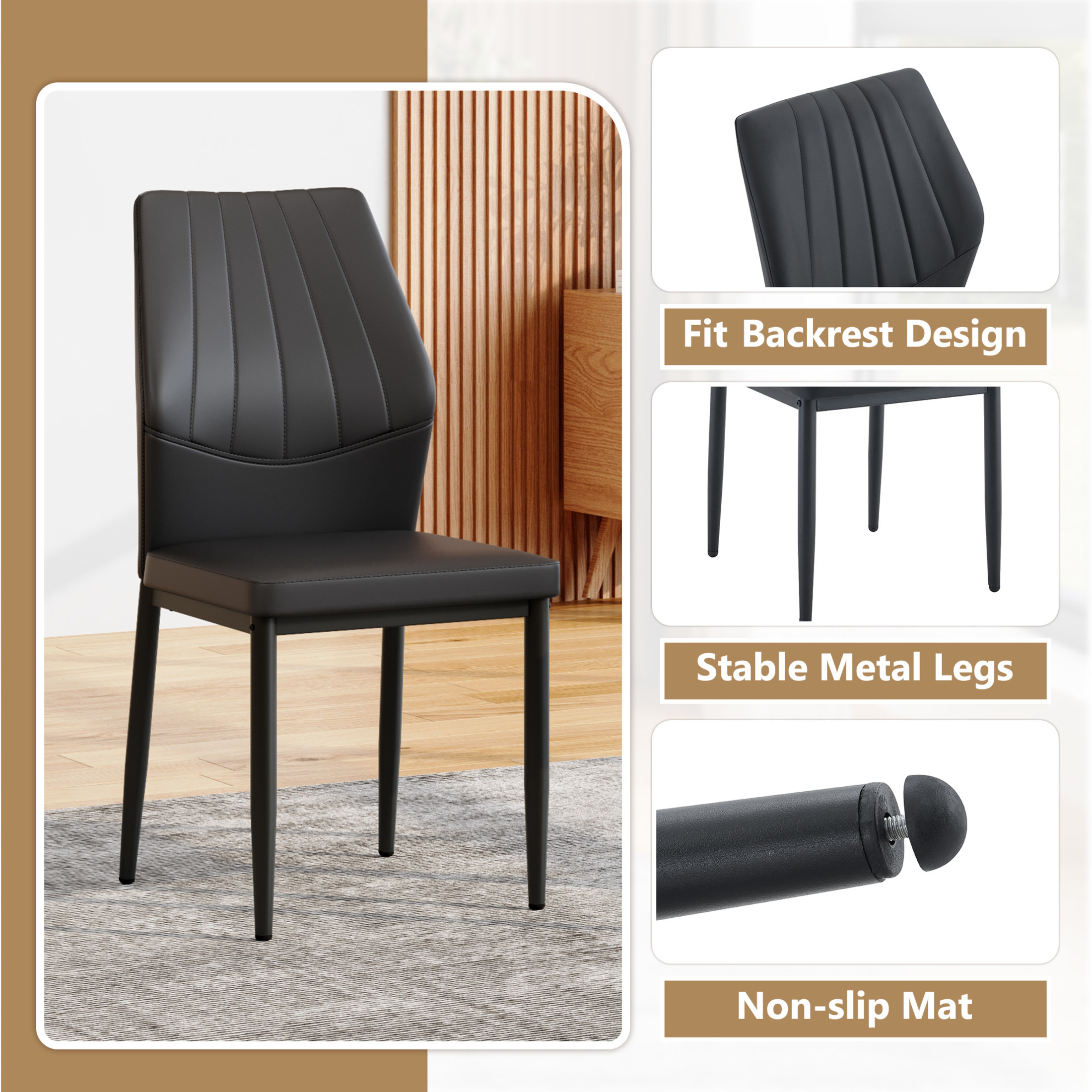 Noble House 37" Luxury Dining Chairs, PU Leather Shell Back, Ergonomic Cushion Seat, Black Metal Legs, Black, Set of 4