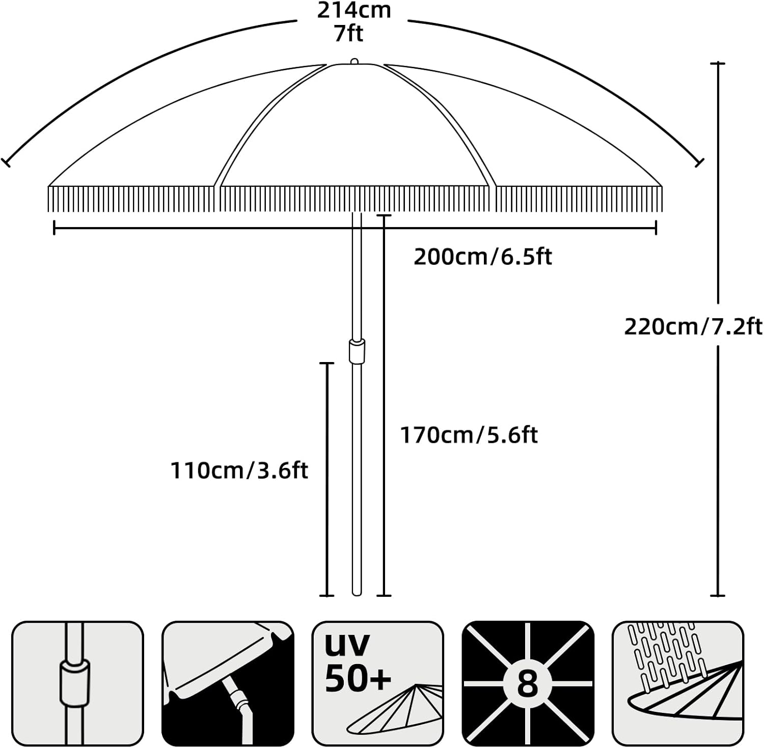 AMMSUN 7ft Patio Umbrella with Fringe Tassel, Black photo 7