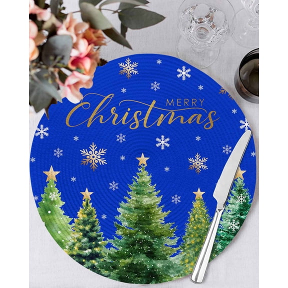 15 Inch Round Placemats Set of 6, Christmas Tree Non Slip Heat Insulation PP Table Mats, Winter Snowflakes Xmas Pine Tree Blue Washable Place Mats for Kitchen Dining Party Table Decor