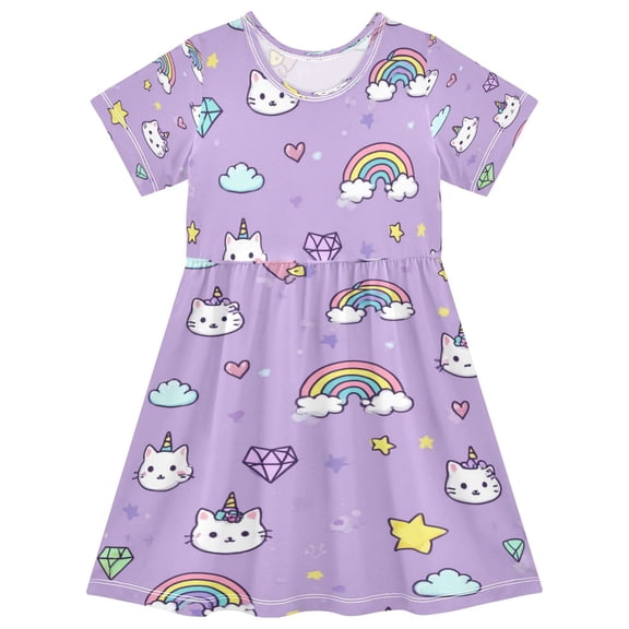 Girls Short Sleeve A-Line Dress Play Dress Cat Face and Rainbows Pattern Sizes 2T