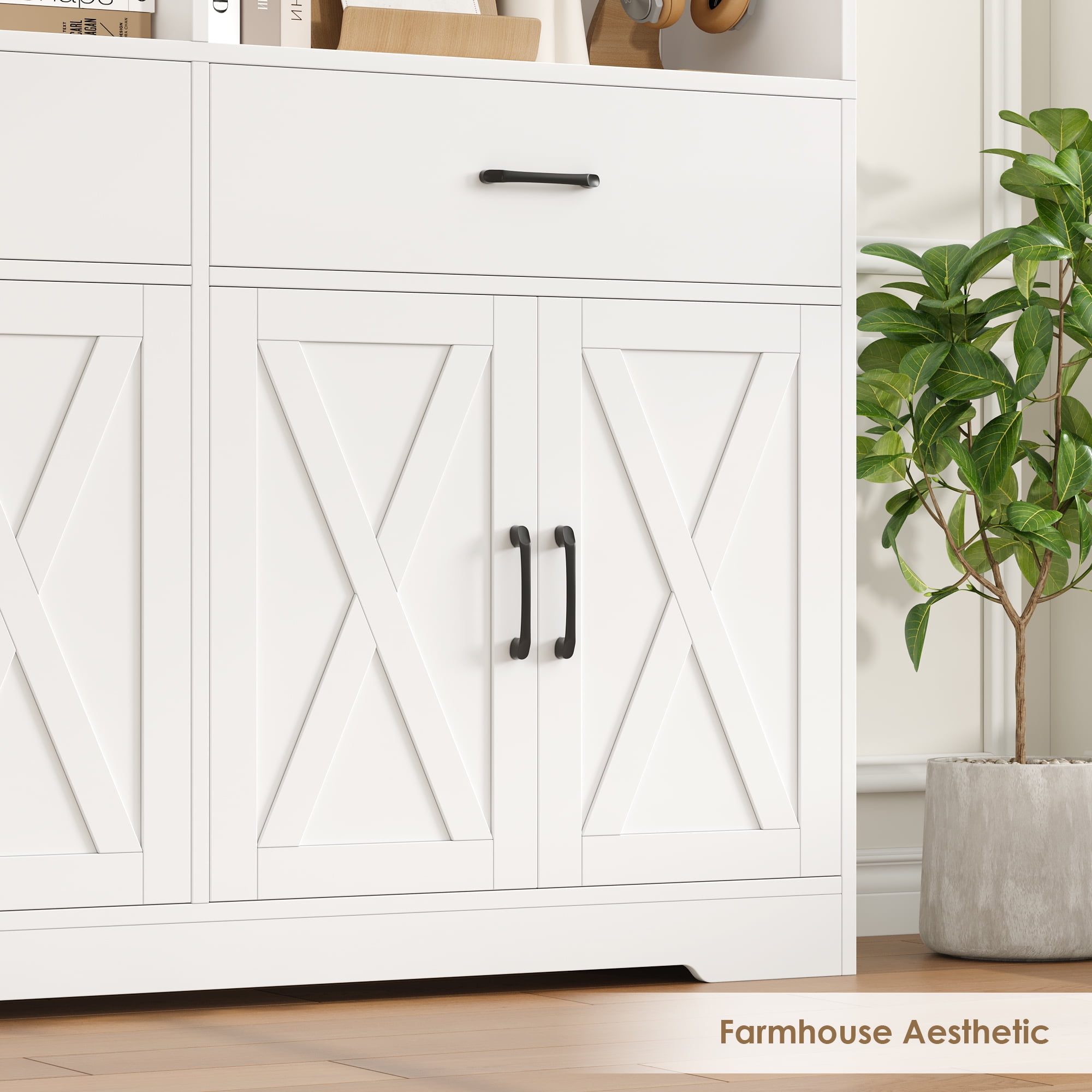 Hiphuta 78" Tall Double Row Bookcase with 2 Drawers, Farmhouse Large Bookshelf with Cabinet, Storage Bookcase with Doors for Office Living Room, White